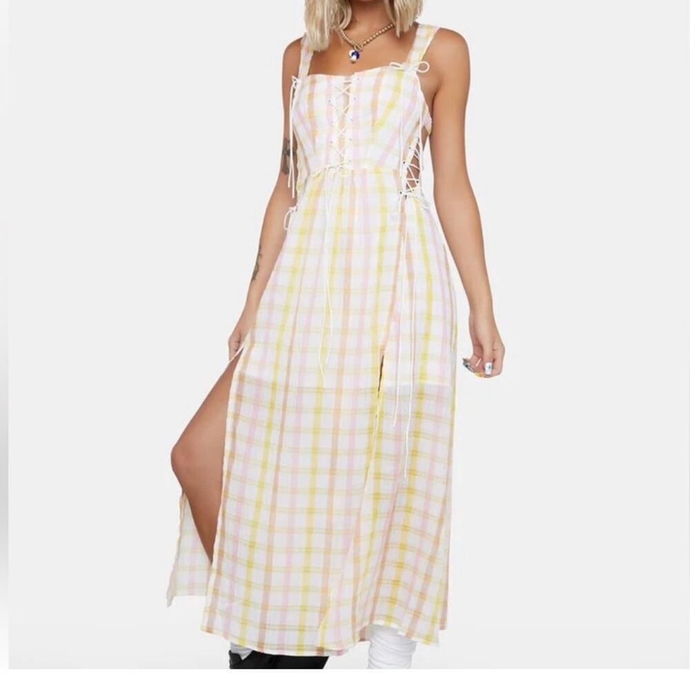 For Love & Lemons Rue Plaid Lace Up Midi Dress Women's Large Pink Yellow